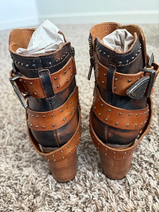 Freebird Patsy Studded Tan Leather Ankle Boots with Buckle - Picture 2 of 6